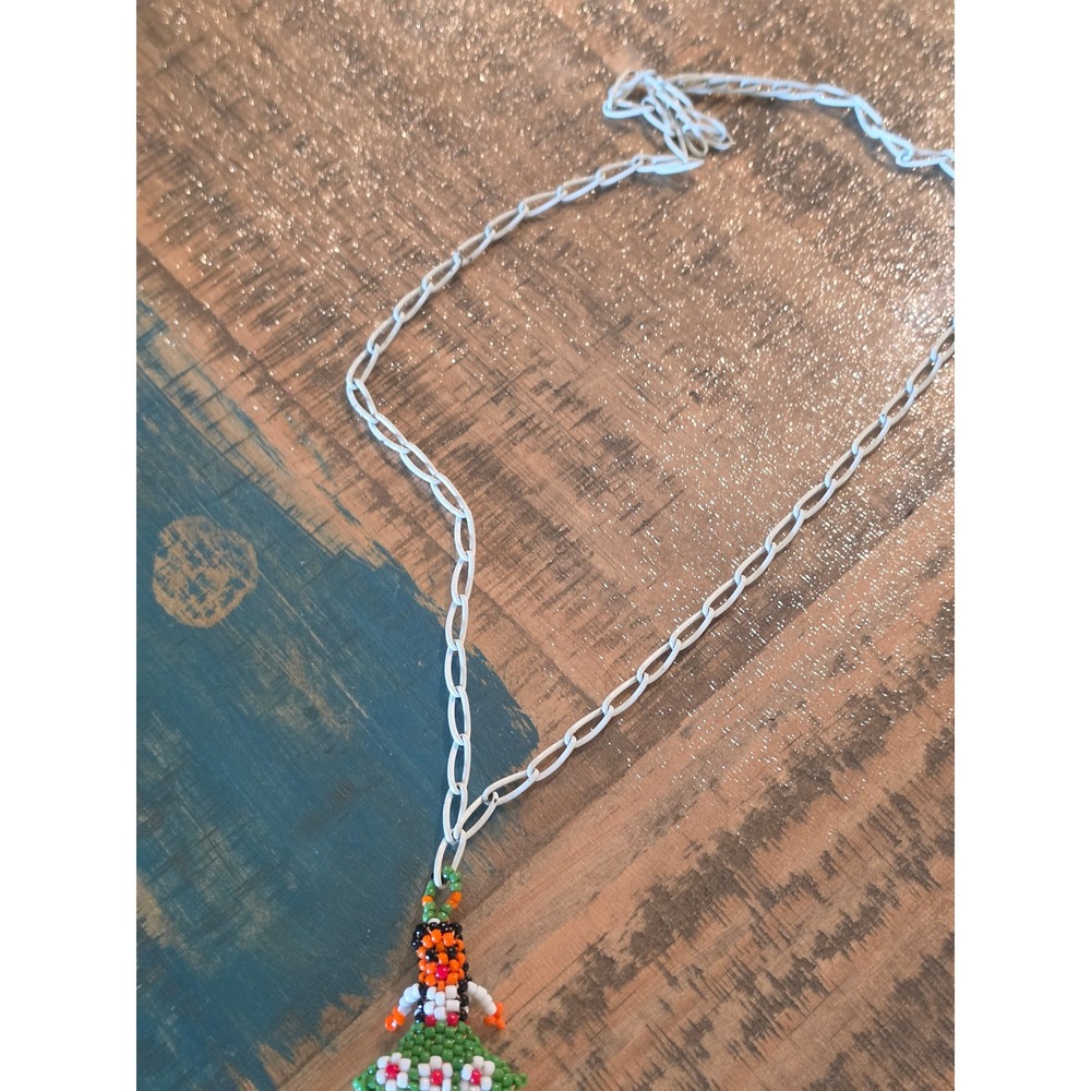 Vintage Beaded Doll Pendant Necklace White Enamel Chain Green Floral Dress Folk